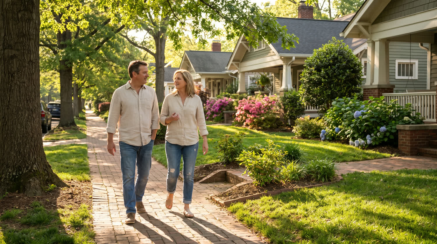 Two people walking together along a sunny tree lined neighbourhood street