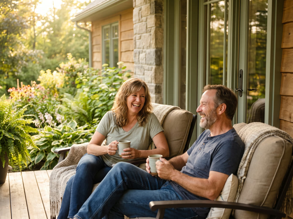 Two people sitting on a sunlit porch with mugs, talking and laughing