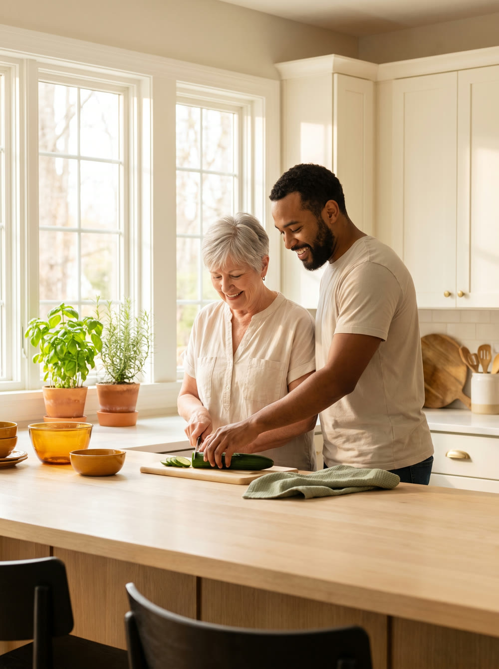 Two people preparing lunch together at a sunlit kitchen counter