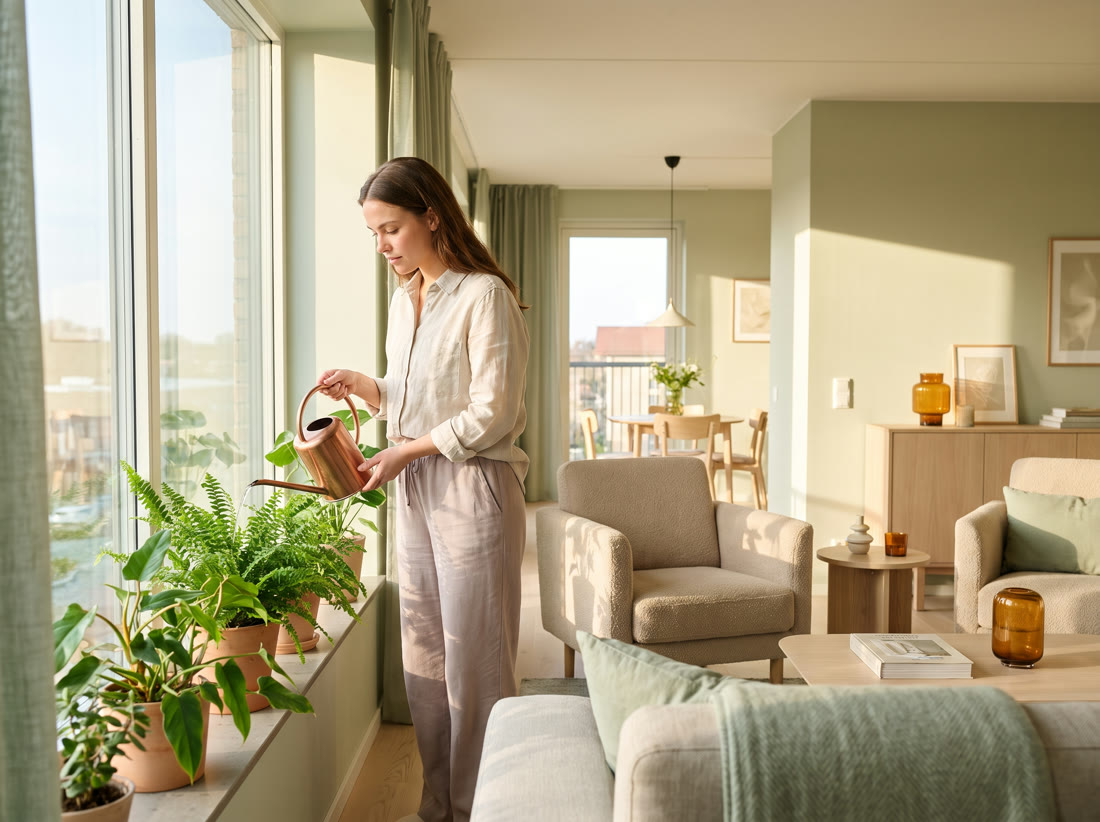 A young adult watering houseplants at a bright window in a light filled living room